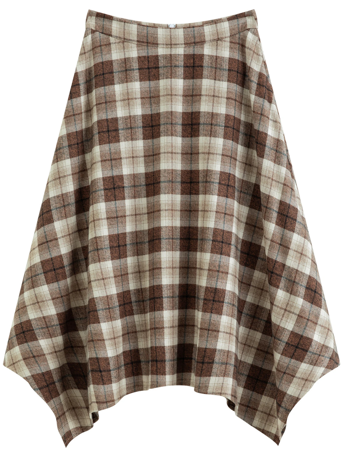 Gonna midi donna a quadri, svasata e asimmetrica - Beige