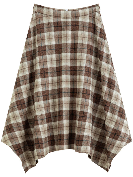 Gonna midi donna a quadri, svasata e asimmetrica - Beige