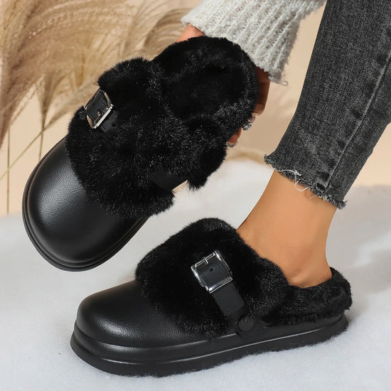 Women EVA Thick Sole Fur Slippers Closed Toe Fluffy Warm Home Slippers Woman Buckle Fashion Slip-on Cover Head Cotton Slippers