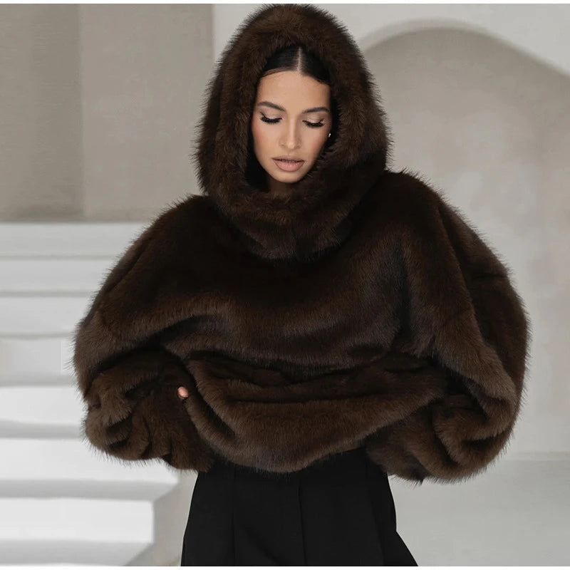 Felpa donna effetto pelliccia marrone con cappuccio