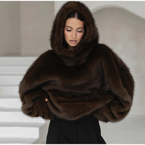 Felpa donna effetto pelliccia marrone con cappuccio