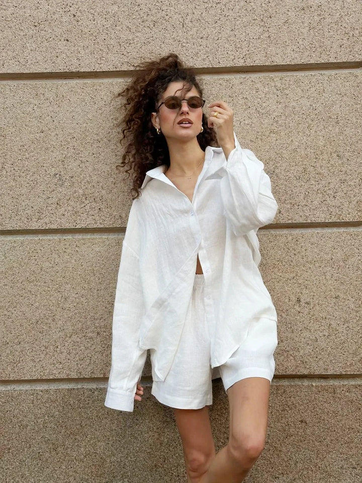Completo donna Wolfeel 2025 – shorts vita alta in cotone e camicia con collo revers, casual summer