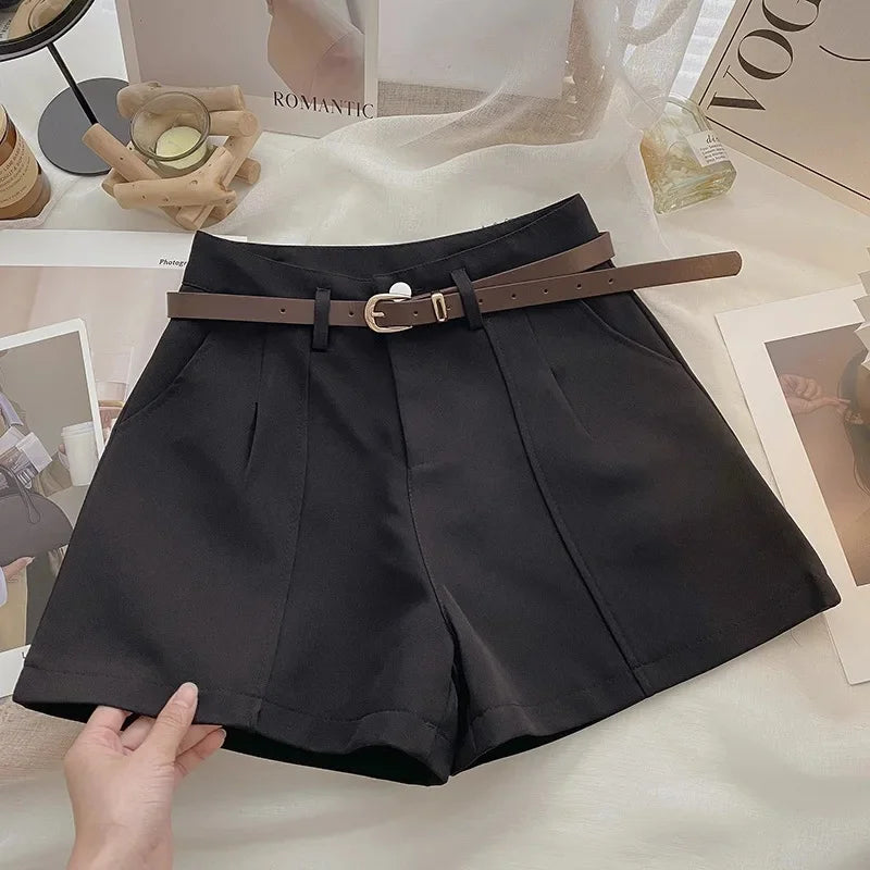 Pantaloncini donna vita alta stile coreano – gamba larga A‑line in cotone 2025