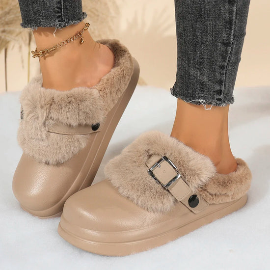 Women EVA Thick Sole Fur Slippers Closed Toe Fluffy Warm Home Slippers Woman Buckle Fashion Slip-on Cover Head Cotton Slippers