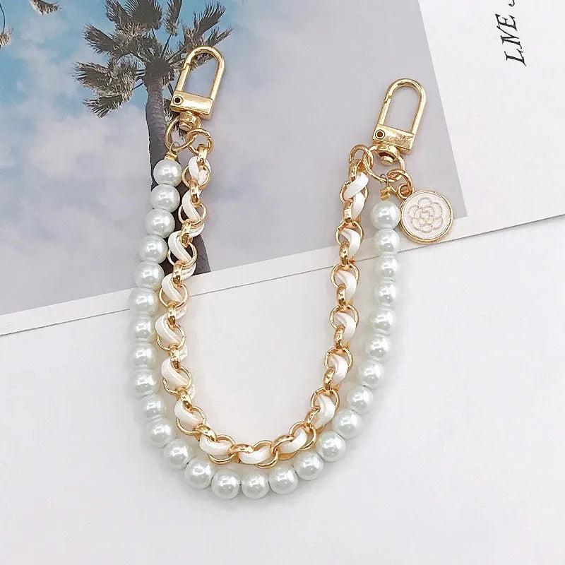 Portachiavi elegante doppio strato con perle + catena in pelle - accessorio fashion bag charm 2025