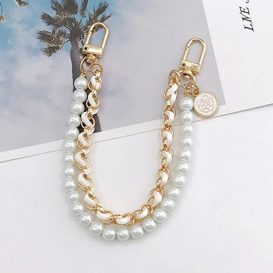 Portachiavi elegante doppio strato con perle + catena in pelle - accessorio fashion bag charm 2025