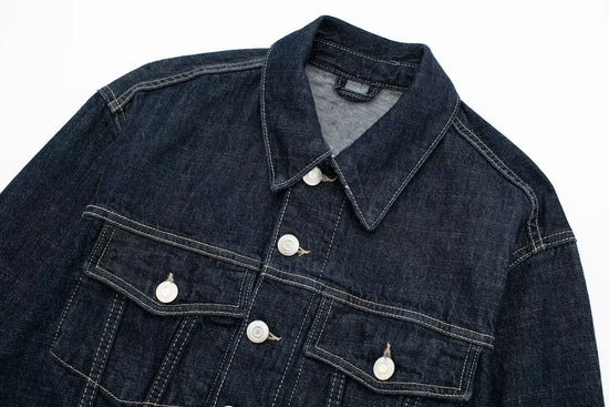 Giacca denim donna vintage 2025 – trench single-breasted con rever a collo, tasche & manica lunga blu scuro