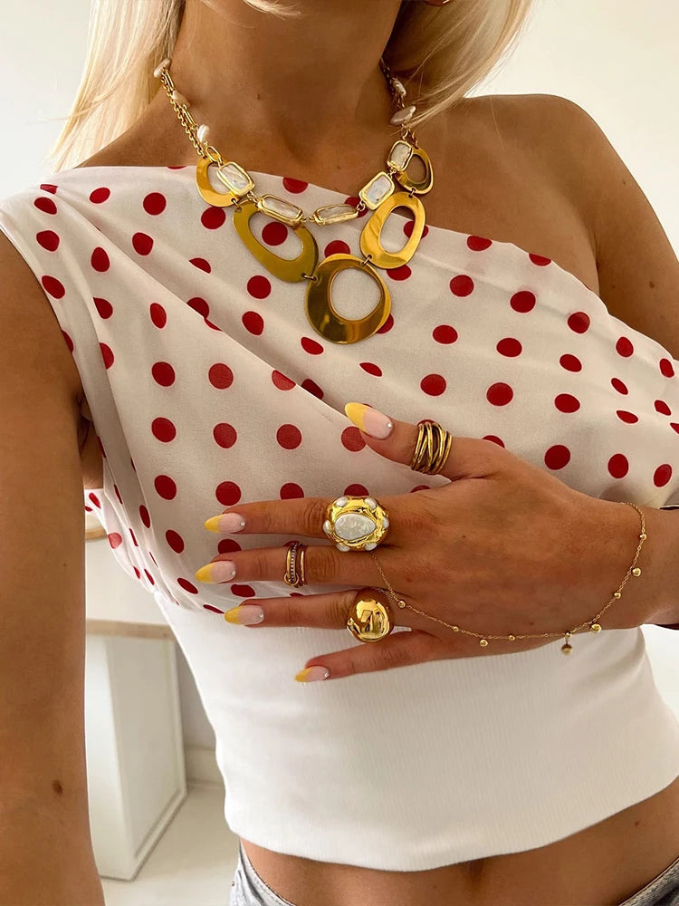 Weird Puss Polka Dots Print T-Shirts Women Summer Trend Skew Collar Off Shoulder Backless Street Fashion Trend Ruched Crop Tops