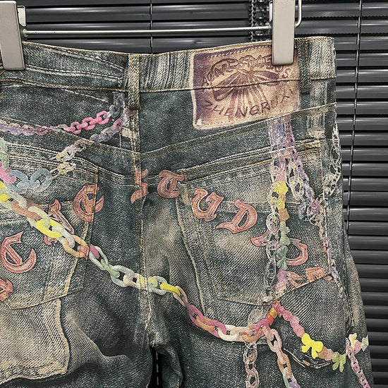Jeans Donna Vita Alta con Stampa Catena – Denim Fashion Streetwear
