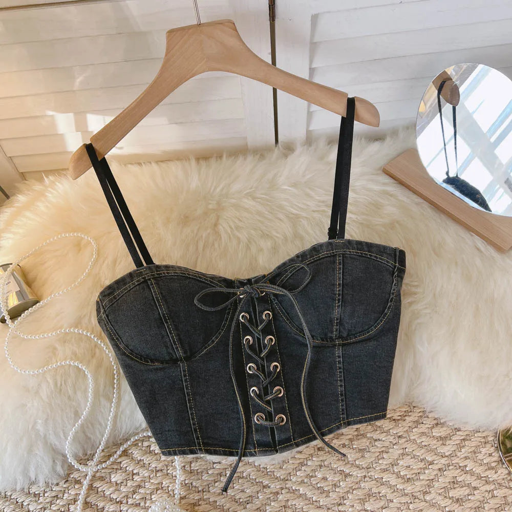 Top Denim Corsetto con Reggiseno Integrato – Crop Top Donna