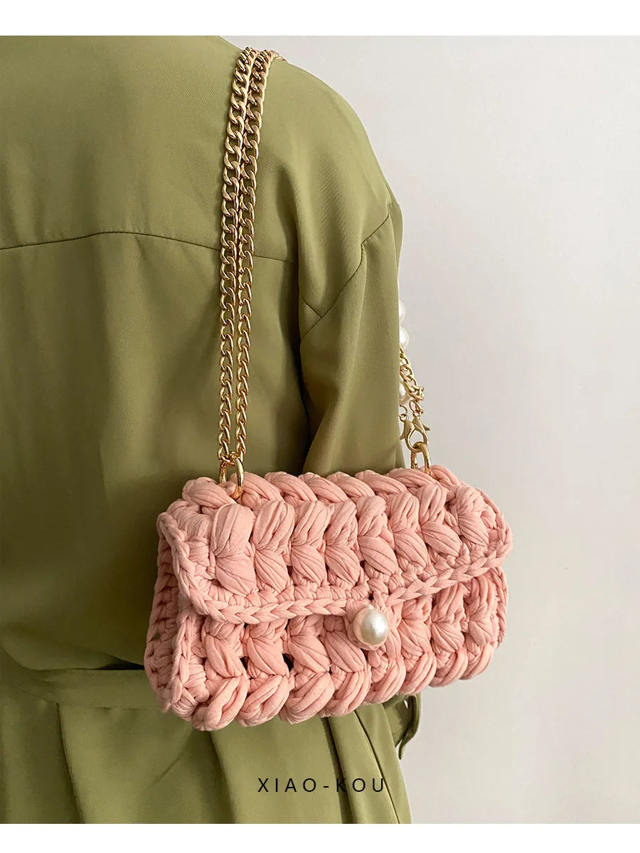 Borsa Donna Crochet a Spalla Uncinetto con Perle e Catena – Design Crossbody