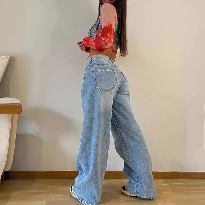 Jeans donna vita alta gamba larga stile retrò americano – pantaloni dritti casual chic
