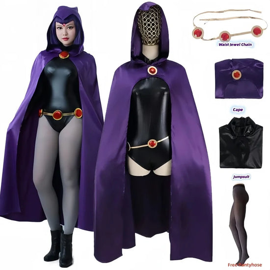Costume Cosplay Raven Teen Titans da Donna – Bodysuit Completo con Mantello Viola