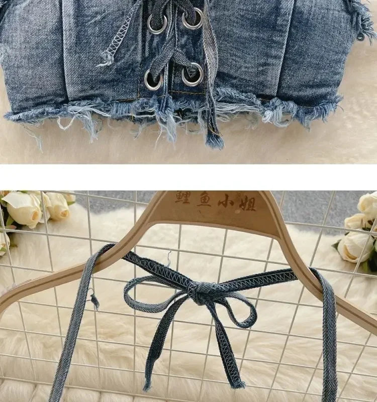 Set bikini donna 2025 con top bra e shorts a vita alta in denim