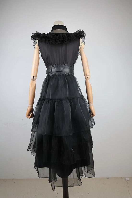 Costume Halloween Wednesday Addams 2025 ‒ abito nero elegante con pizzo & cut-out per party e role play