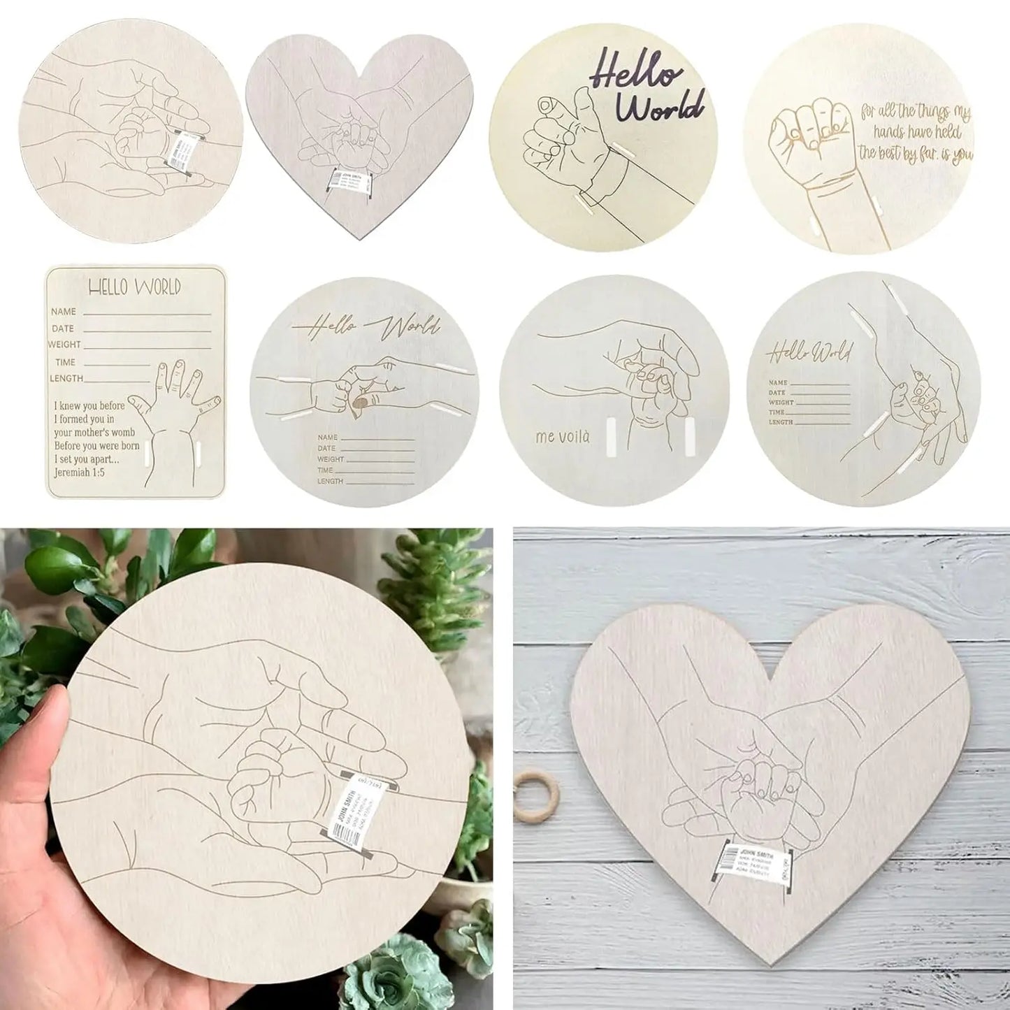 Porta Braccialetto Nascita Neonato – Targhetta Hello World in Legno