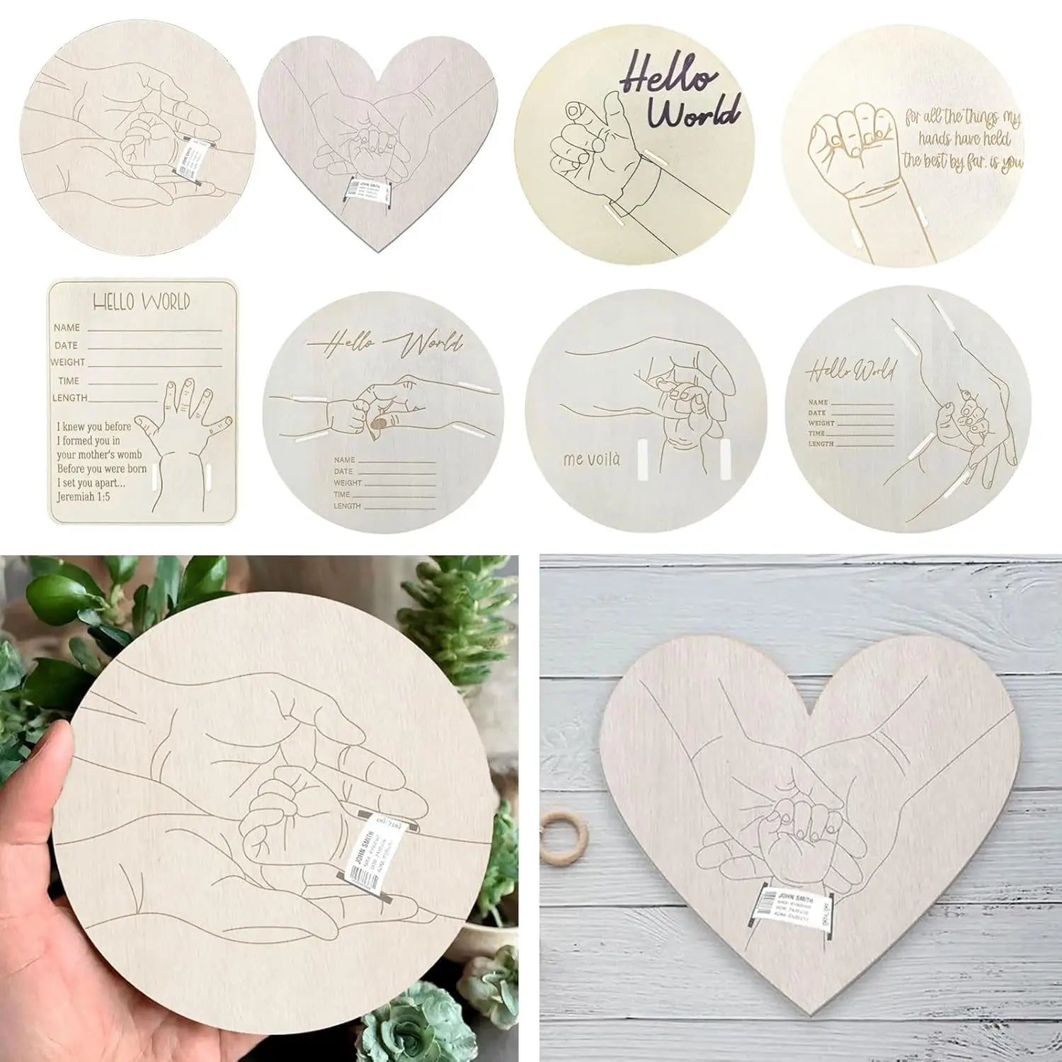 Porta Braccialetto Nascita Neonato – Targhetta Hello World in Legno