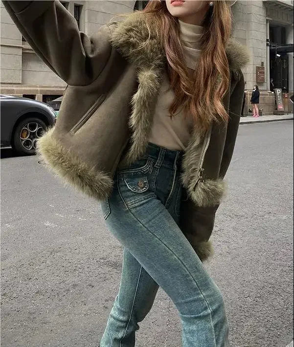 Giacca biker in pelle scamosciata donna con fodera in pelliccia sintetica – Cappotto corto casual slim fit per autunno e inverno