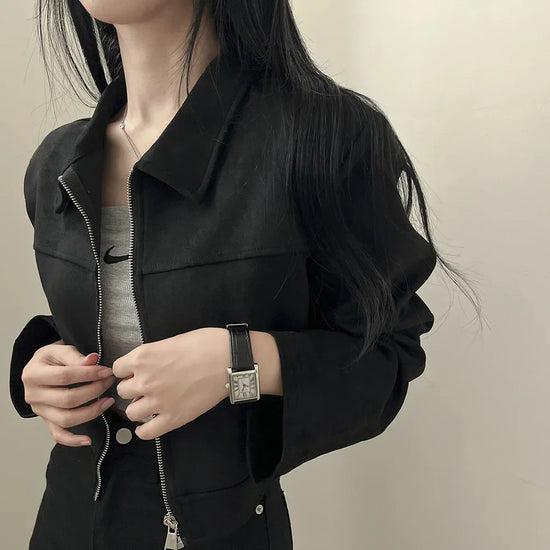 Giacca in pelle donna stile vintage – Giubbotto corto con zip, collo alla coreana, taglio slim fit, versatile e alla moda