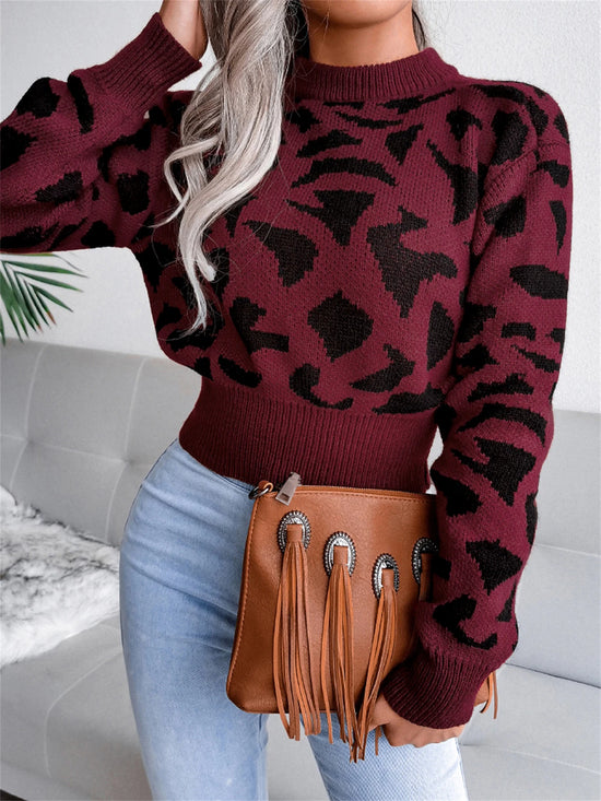 Pullover con stampa leopardata donna – Maglione corto girocollo per autunno/inverno, knit con raccolta in vita