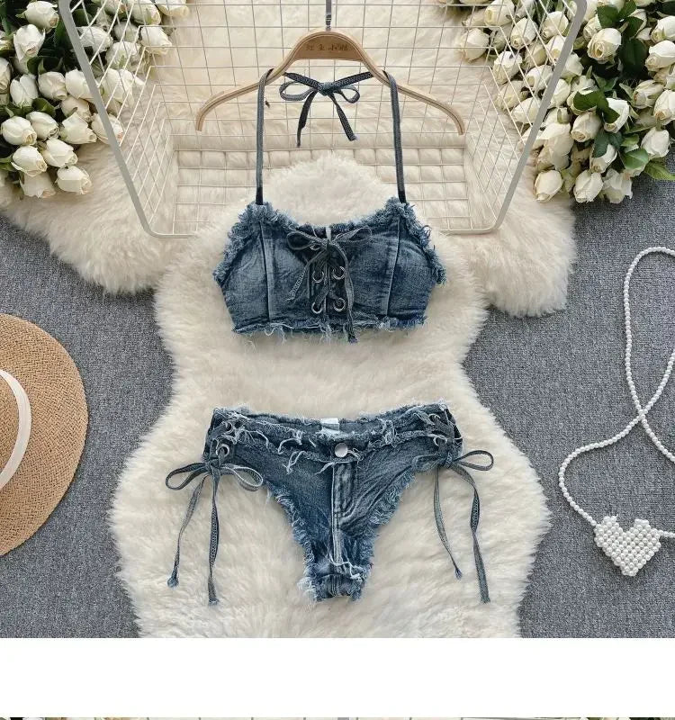 Set bikini donna 2025 con top bra e shorts a vita alta in denim