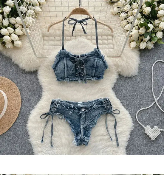 Set bikini donna 2025 con top bra e shorts a vita alta in denim