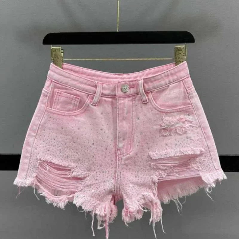 Shorts jeans donna strappati con strass – Vita alta estate 2025