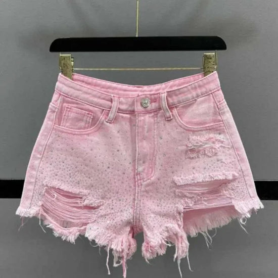 Shorts jeans donna strappati con strass – Vita alta estate 2025