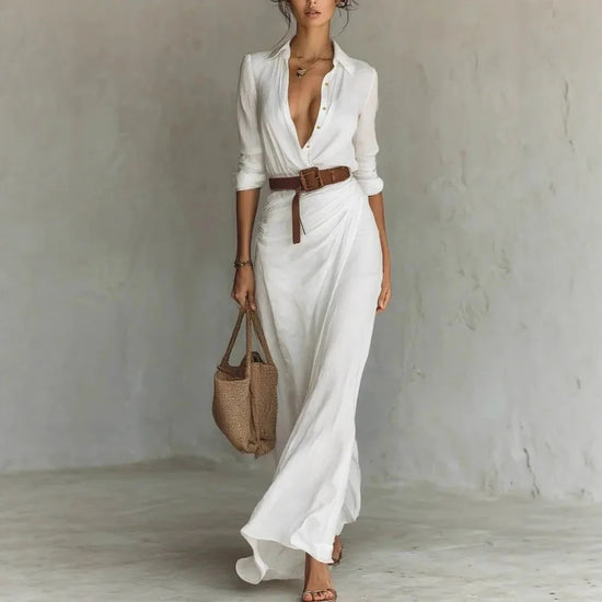Vestito lungo donna 2025 ‒ abito elegante manica lunga con scollo profondo, cintura, taglio asimmetrico “irregular”, perfetto per party e occasioni speciali