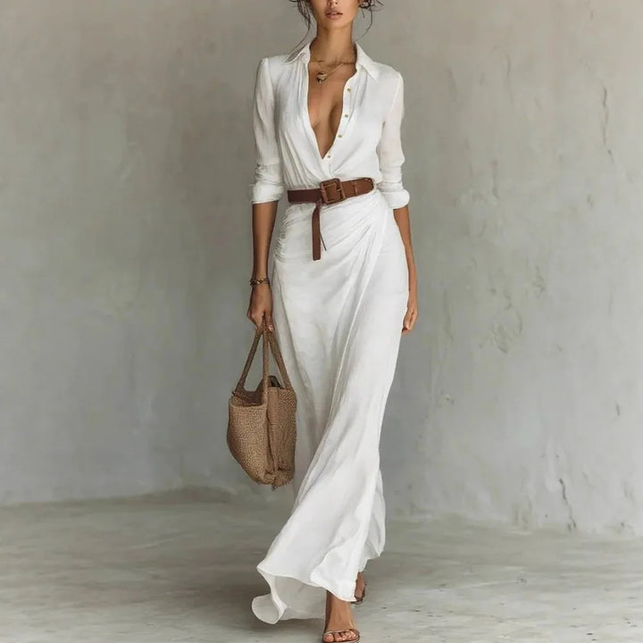 Vestito lungo donna 2025 ‒ abito elegante manica lunga con scollo profondo, cintura, taglio asimmetrico “irregular”, perfetto per party e occasioni speciali