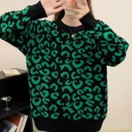 Pullover spesso jacquard 2025 donna – Maglione con fantasia leopard per autunno/inverno