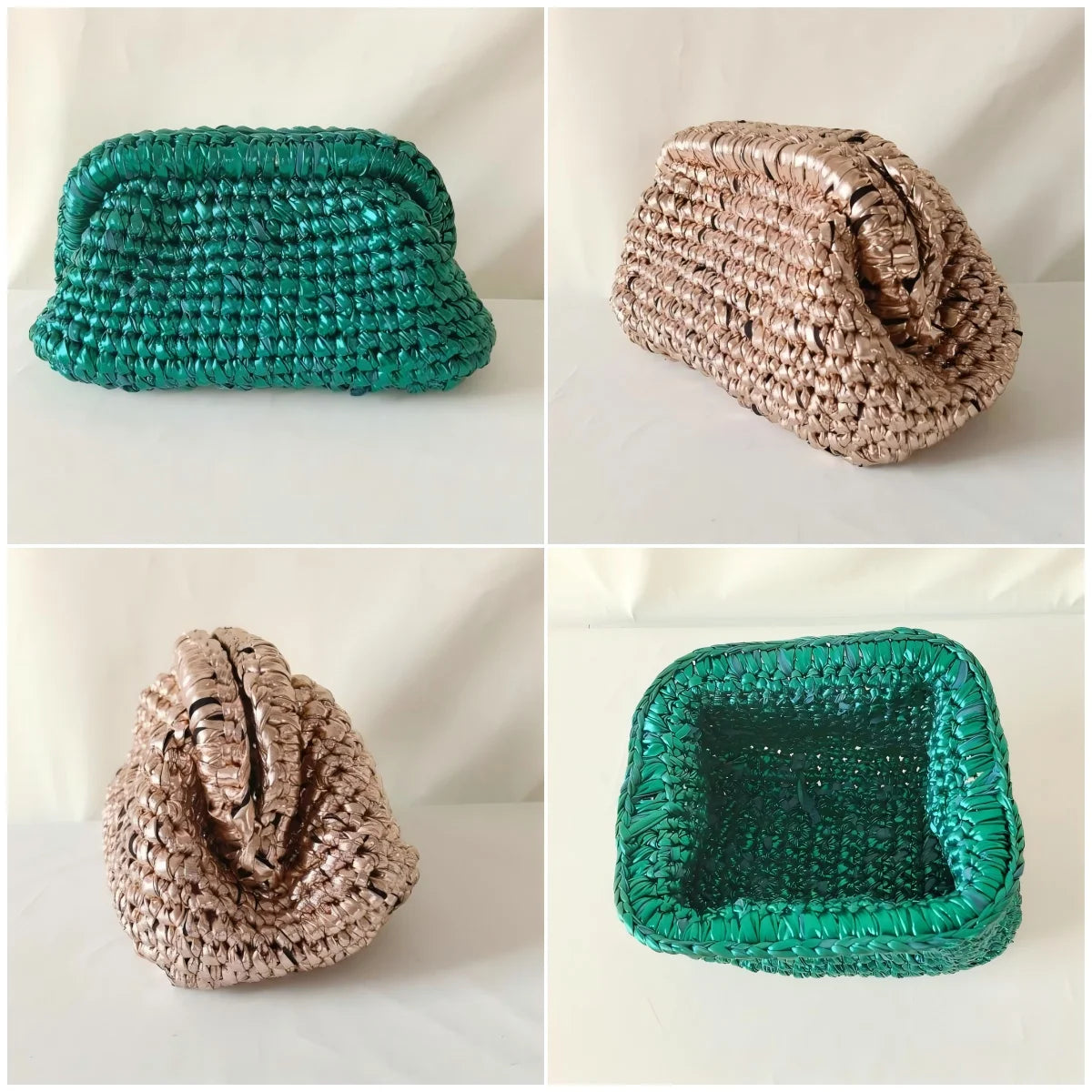 Clutch donna fatta a mano in crochet metallico – pochette elegante in filo metalizzato
