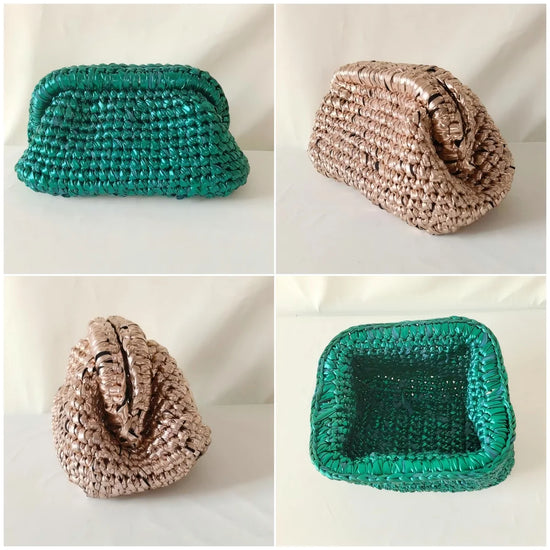 Clutch donna fatta a mano in crochet metallico – pochette elegante in filo metalizzato