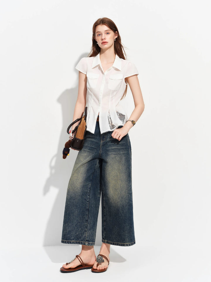 Jeans donna cropped a vita alta in cotone non elasticizzato - foto 2 della galleria
