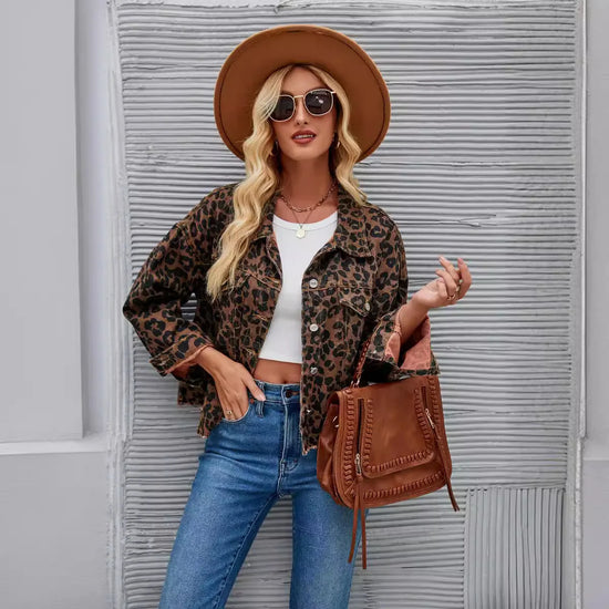 Giacca in denim donna leopard print – blazer oversize a maniche lunghe con collo a rever stile coreano primavera-autunno