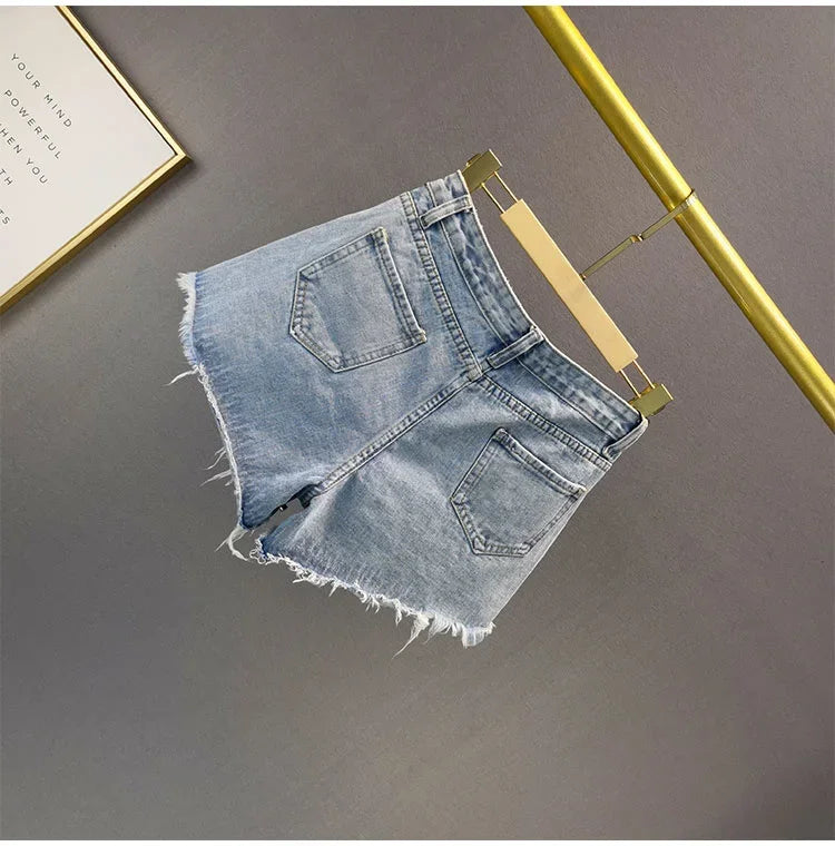 Shorts jeans donna Y2K vita alta con strass e frange – Primavera 2025