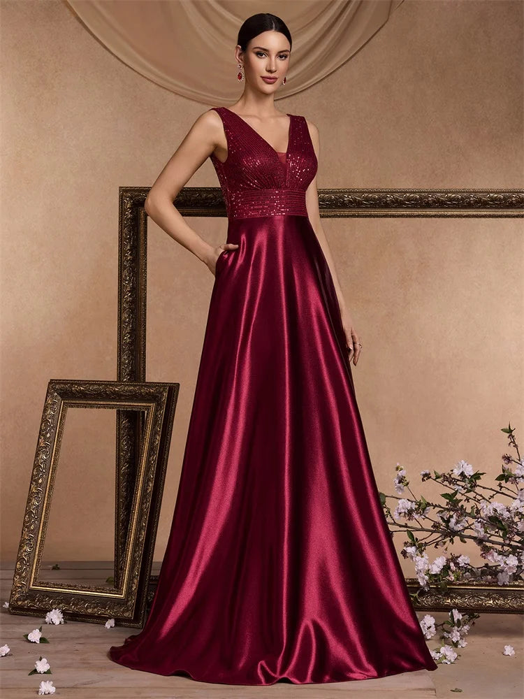 Abito Lungo Elegante Donna con Paillettes e Scollo V – Vestito Cerimonia Matrimonio