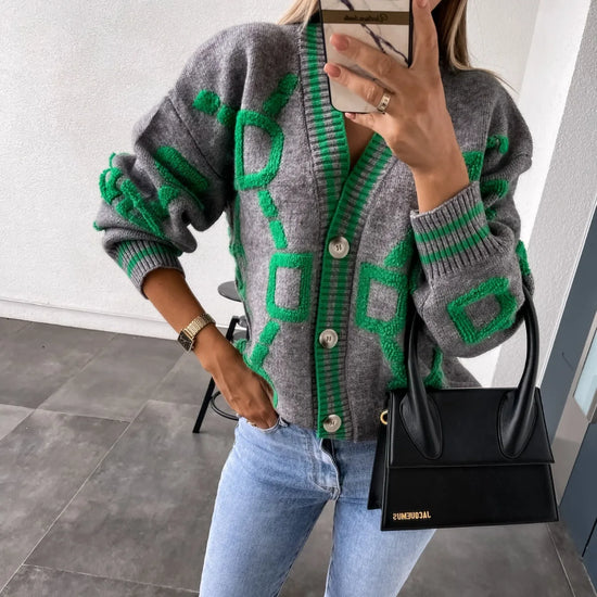 Cardigan lungo jacquard donna 2025 – Cappotto maglia jacquard con scollo a V, maniche lunghe e chiusura monopetto