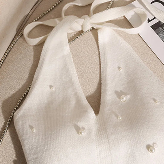 1pc Fashion French Beaded Halter Neck Tie Knot Backless Knitted Vest For Women