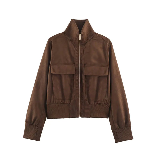 Giacca donna con grandi tasche, zip e collo alto - Marrone chiaro