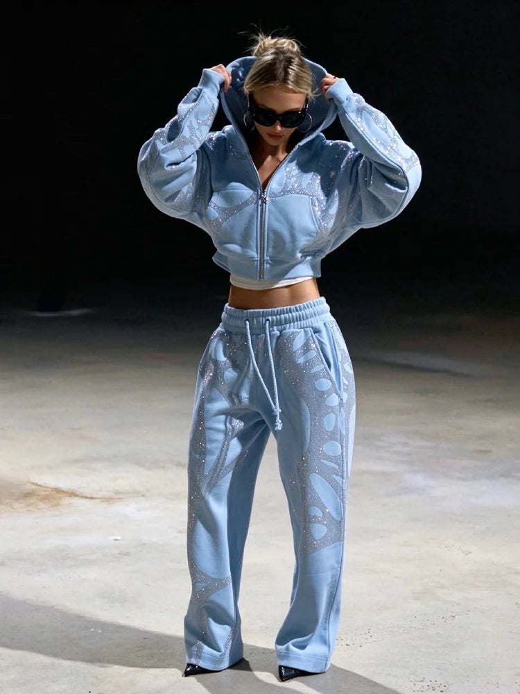 Completo donna con paillettes: felpa e pantaloni larghi - Blu