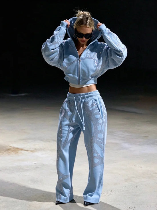 Completo donna con paillettes: felpa e pantaloni larghi - Blu