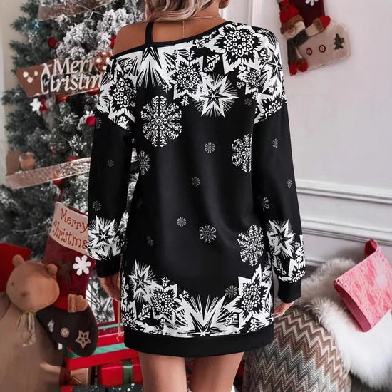Abito donna autunno-inverno 2025 con stampa fiocchi di neve – mini dress manica lunga off-shoulder festa