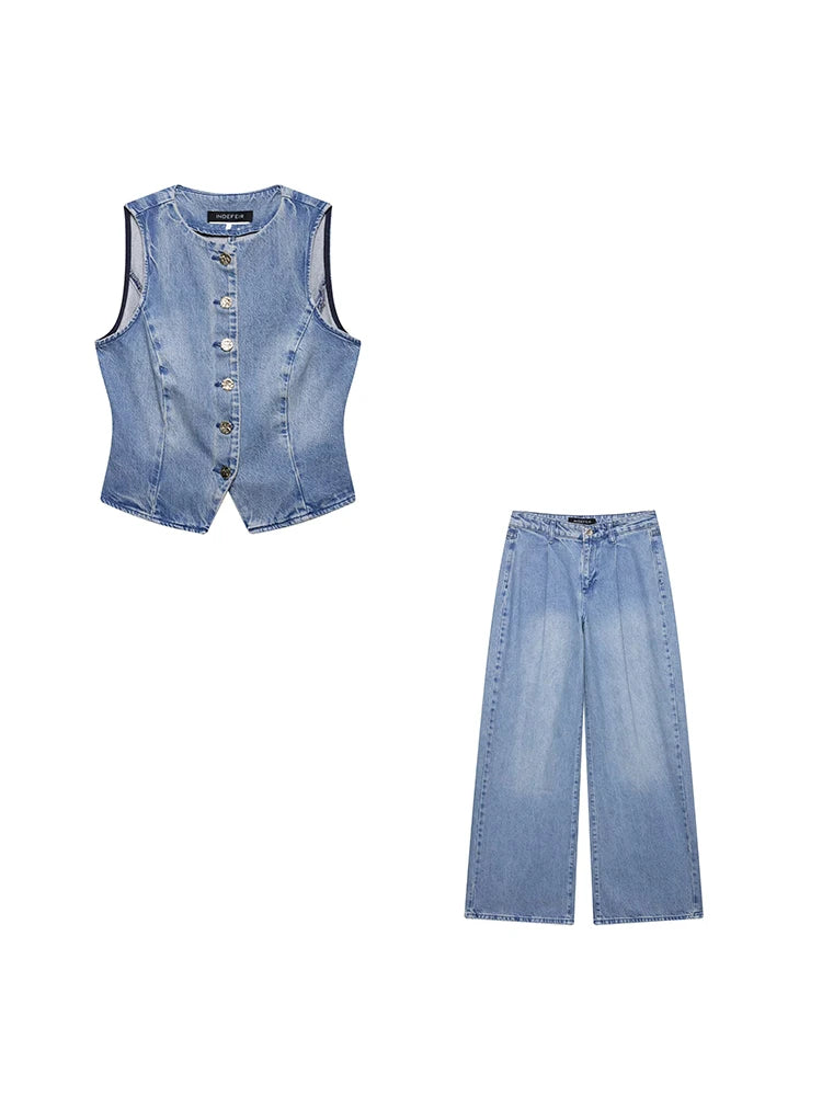 Set denim donna 2 pezzi 2025 – gilet con bottoni + jeans a vita alta wide-leg, look streetwear casual chic