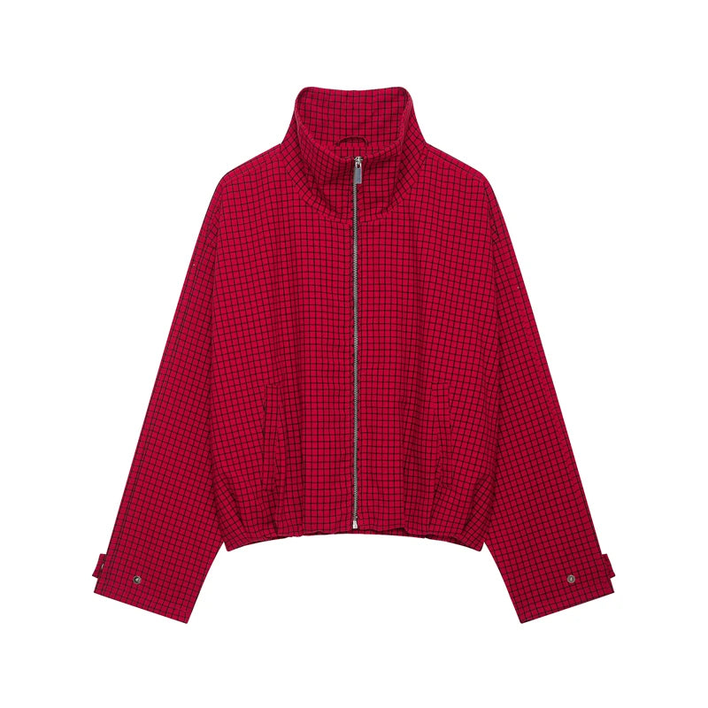 Bomber donna a quadri corto con zip e maniche ampie - Rosso