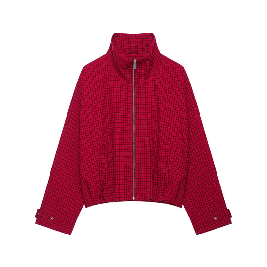 Bomber donna a quadri corto con zip e maniche ampie - Rosso