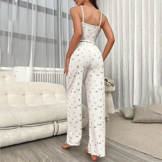 Pigiama Estivo Donna 2 Pezzi in Tessuto Waffle – Top con Spalline e Pantaloni Larghi Comodi