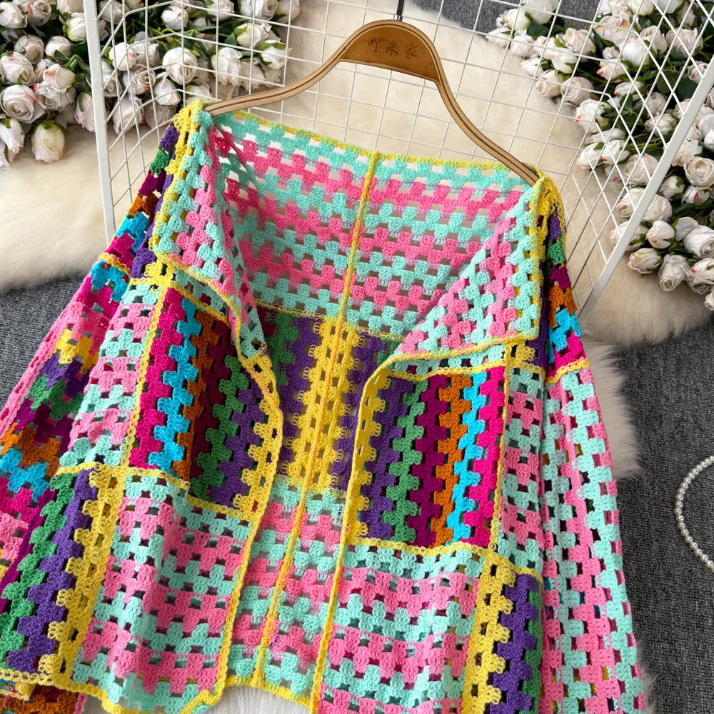 Cardigan multicolore crochet donna – Maglione traforato patchwork openwork