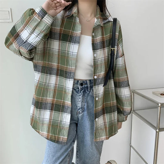 Camicia a quadri donna autunno 2025 – camicia manica lunga stile preppy vintage, taglio loose, single-breasted