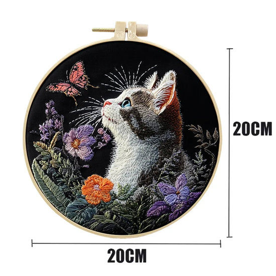 Kit Ricamo Gatto e Fiori – Set DIY Punto Croce per Principianti